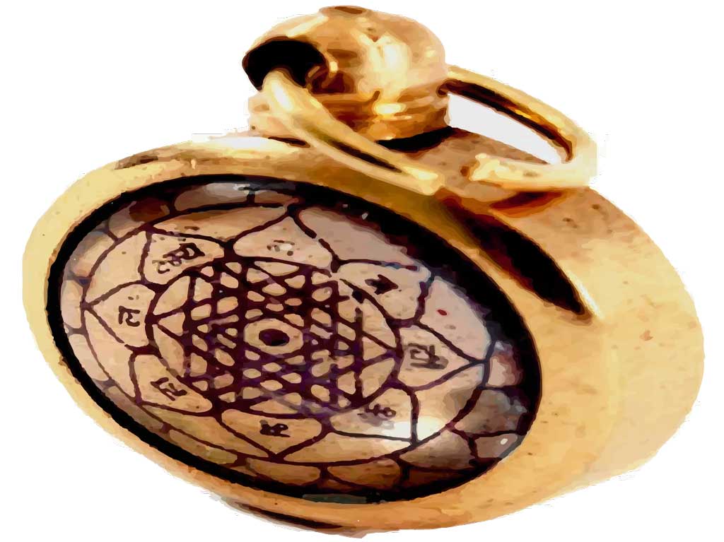 The Shri Yantra talisman in the form of a locket on a white background