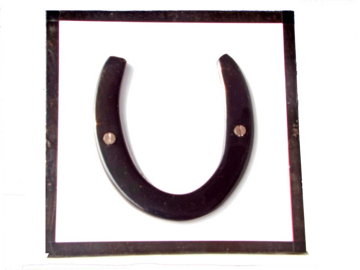 A horseshoe mounted on a wooden frame.