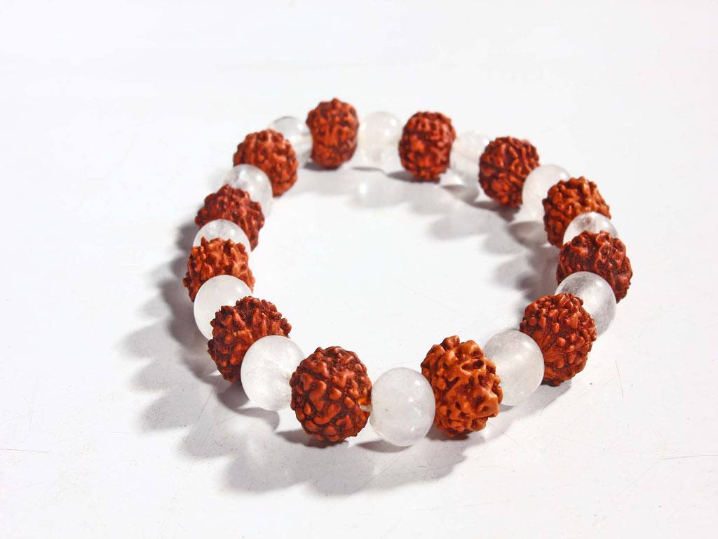 A lucky charm bracelet made from rudraksh and crystal beads